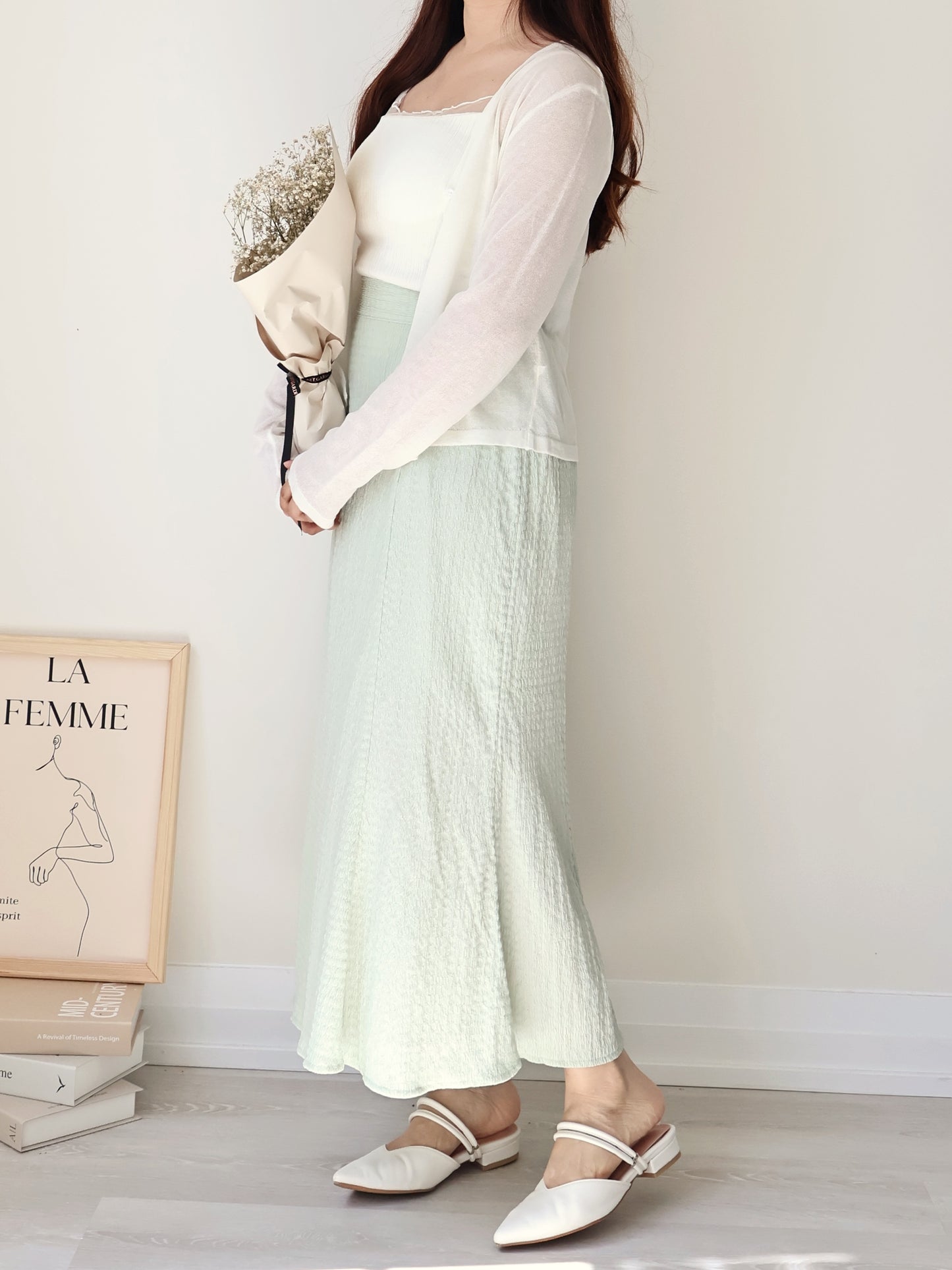 Romantic Sheer Trim Bra Top + Airy Tencel Cardigan Set(Ivory)