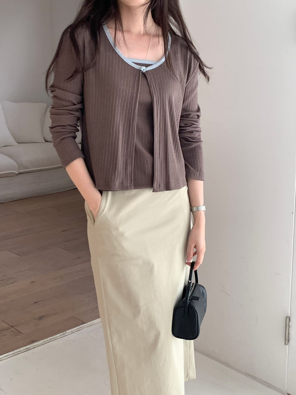 Color-Block Trim Cotton Cami & Cardigan 2-Piece Set(4 colors)