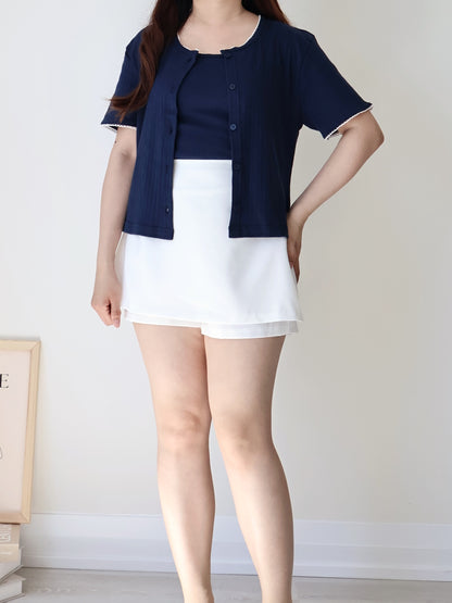 Graceful Contrast-Trim Jacquard Cotton Cami + Cardigan Set(Navy)