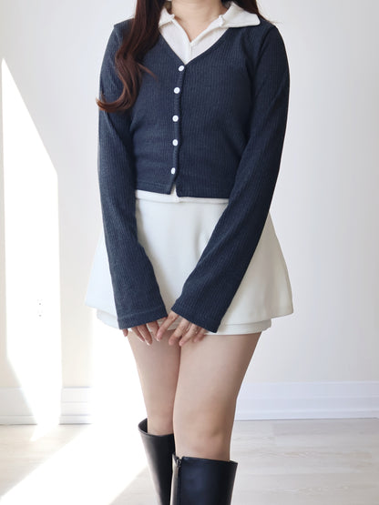 Faux Layered Lapel Button Top(Charcoal)