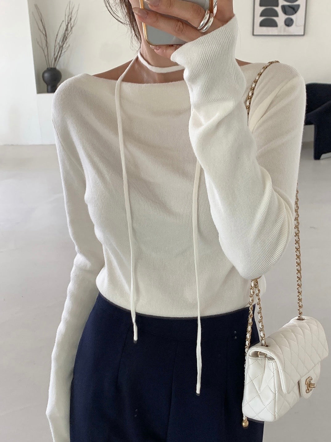 Boat Neck Scarf Tie Drape Knit Top(4 colors)