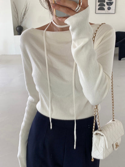 Boat Neck Scarf Tie Drape Knit Top(4 colors)