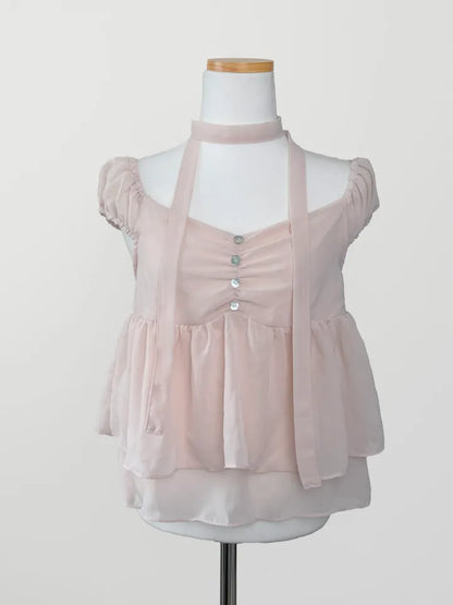 2-Way Flowy Tiered Puff-Sleeve Chiffon Blouse(3 Colors)
