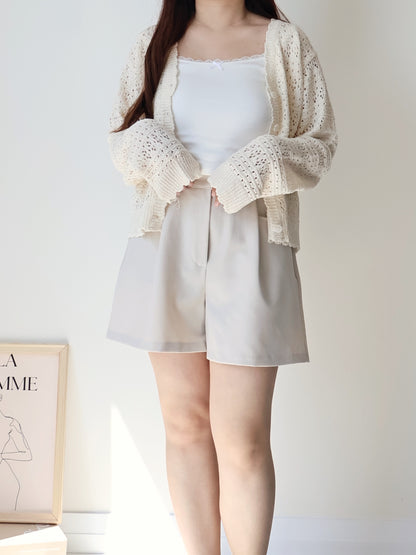 Romance V-Neck Eyelet Knit Cardigan(Beige)