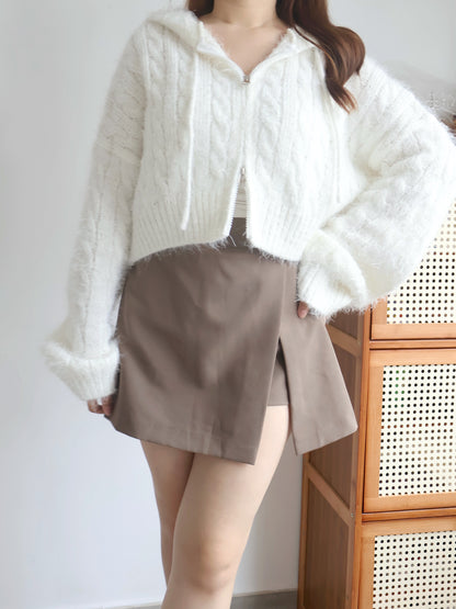 Festive Fluffy Zip Hooded Cardigan(Ivory)