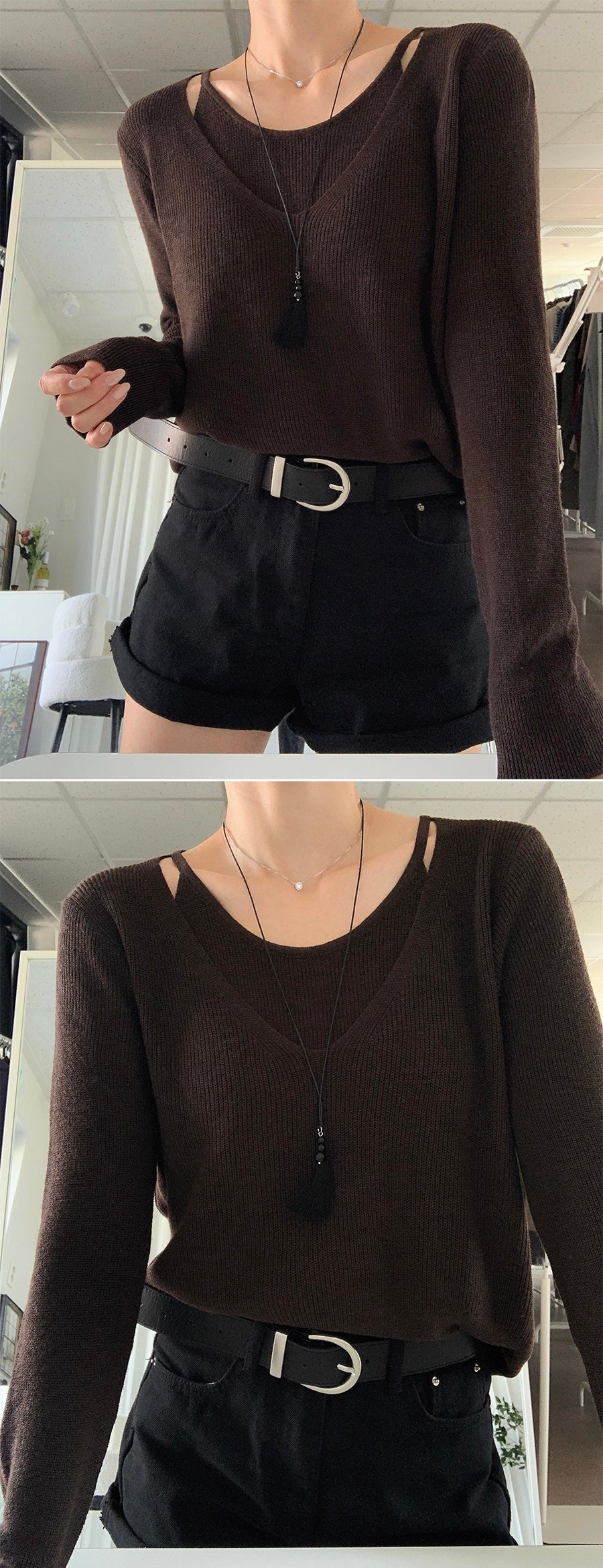 [6% Wool] Flutter V-Neck Attached Halter Knit Top(8 colors)