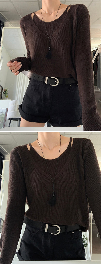 [6% Wool] Flutter V-Neck Attached Halter Knit Top(8 colors)
