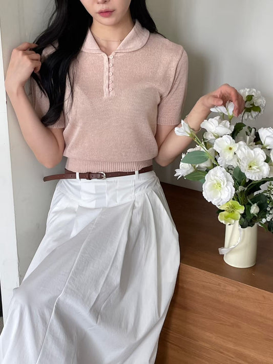 Sophisticated Collared Buttoned Lightweight Linen Knit Top(4 Colors)