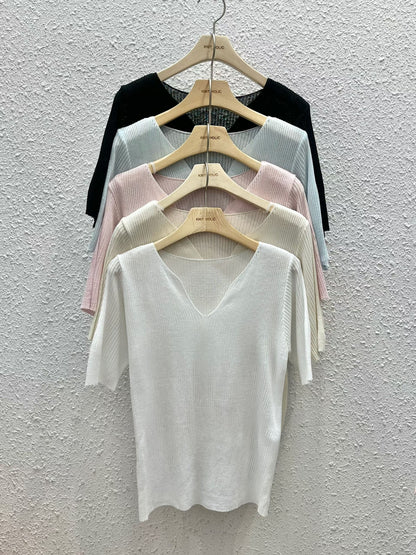 V-Neck Textured Stretch Cooling Knit Top(5 colors)