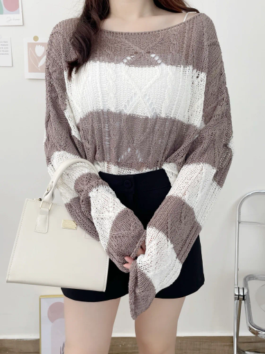 Soft Cable-Knit Colour-Block Top(Brown)
