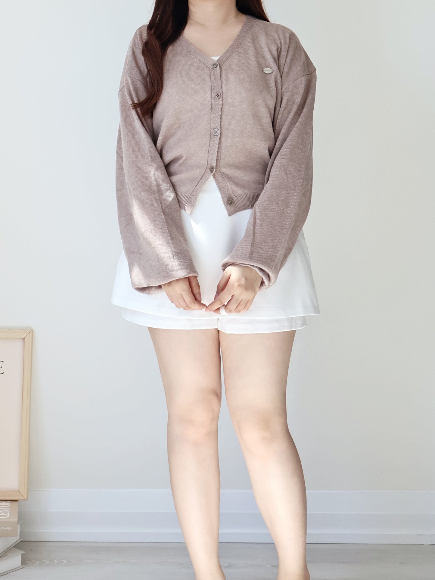 Airy Mélange Linen-Blend Pendant Cardigan(Mocha)