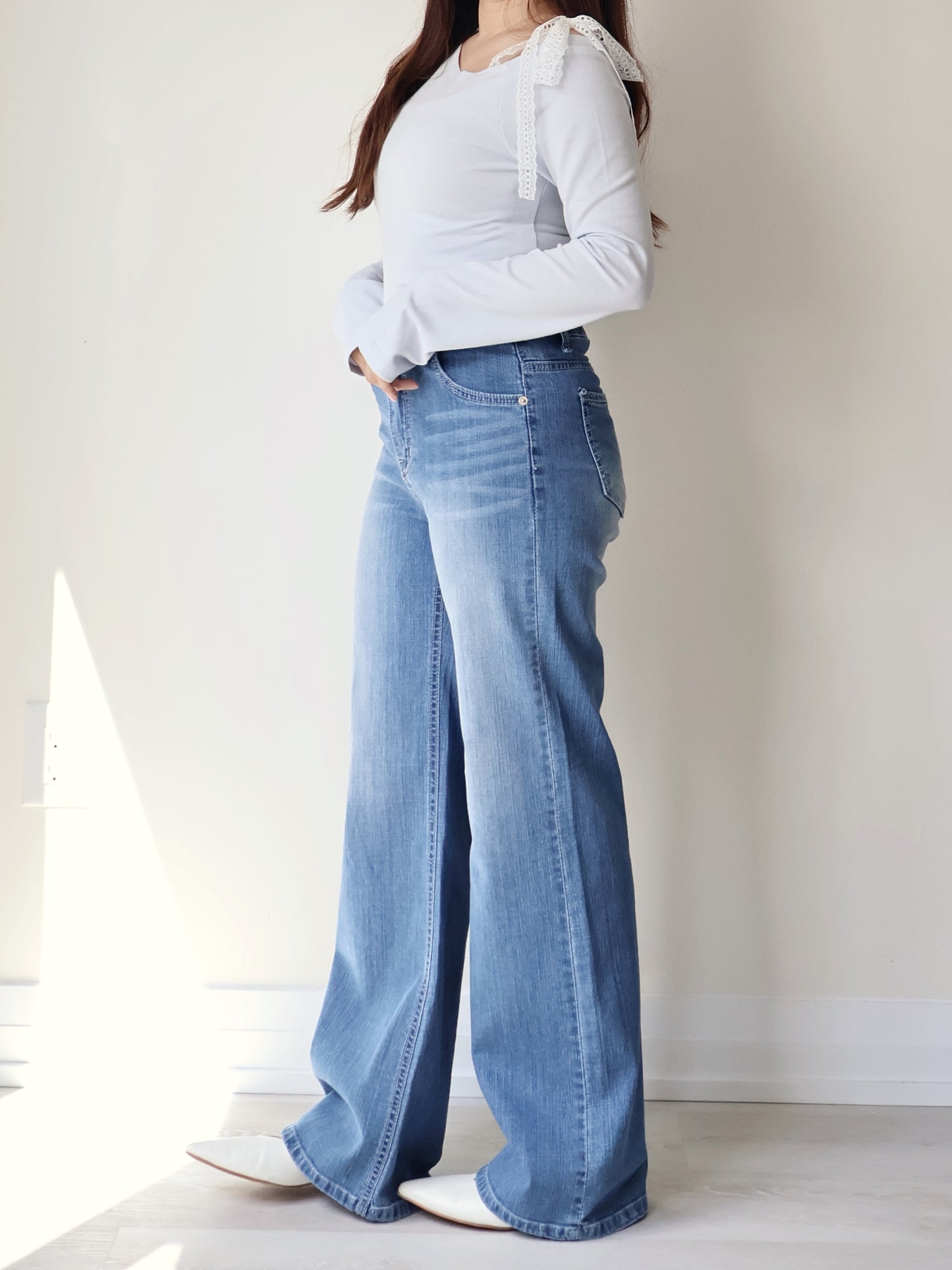 [Half Elastic Waist] Pajama-Soft Lightweight Stretchy Wide-Leg Bootcut Jeans(Dark Blue)