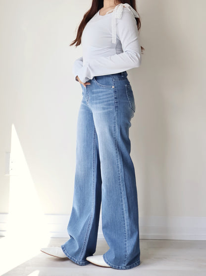 [Half Elastic Waist] Pajama-Soft Lightweight Stretchy Wide-Leg Bootcut Jeans(Dark Blue)
