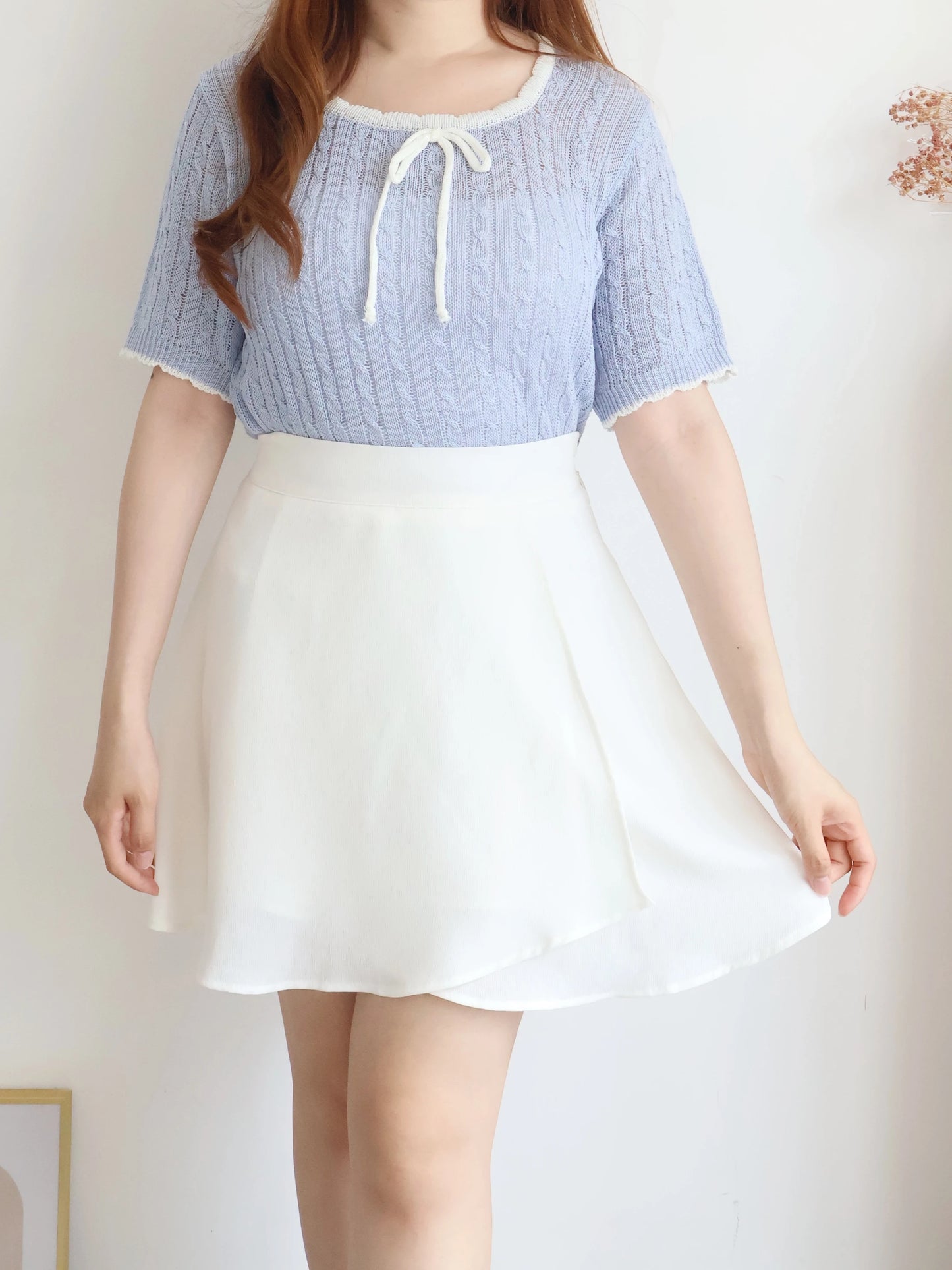 Romantic Square-Neck Contrast-Trim Bow Cable Knit Top(Skyblue)