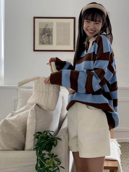 Rugby Stripe Oversized Collar Knit Sweater(4 colors)