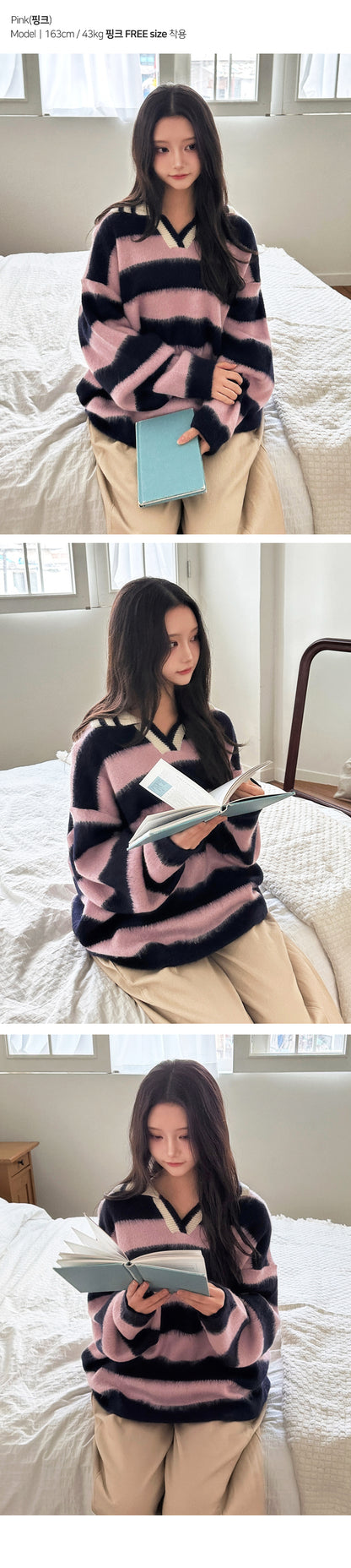 Unisex Collared Striped Color-blocked Sweater(4 colors)