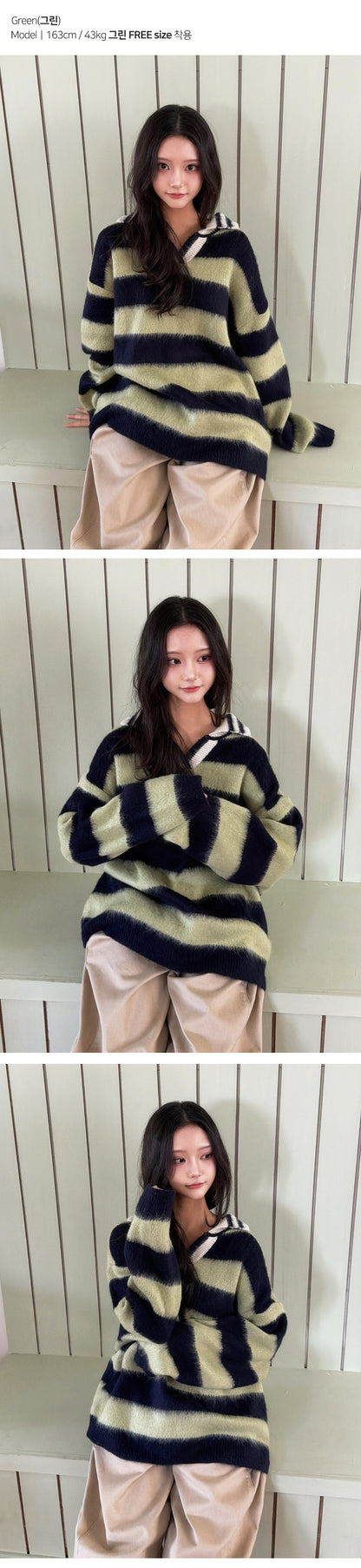 Unisex Collared Striped Color-blocked Sweater(4 colors)