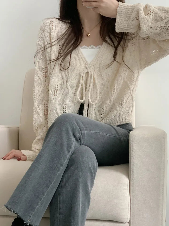 V-Neck Pointelle Tie-Front Knit Cardigan(5 colors)