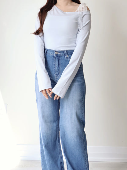 Dreamy Lace Cooling Modal One-Shoulder Top(Baby blue)