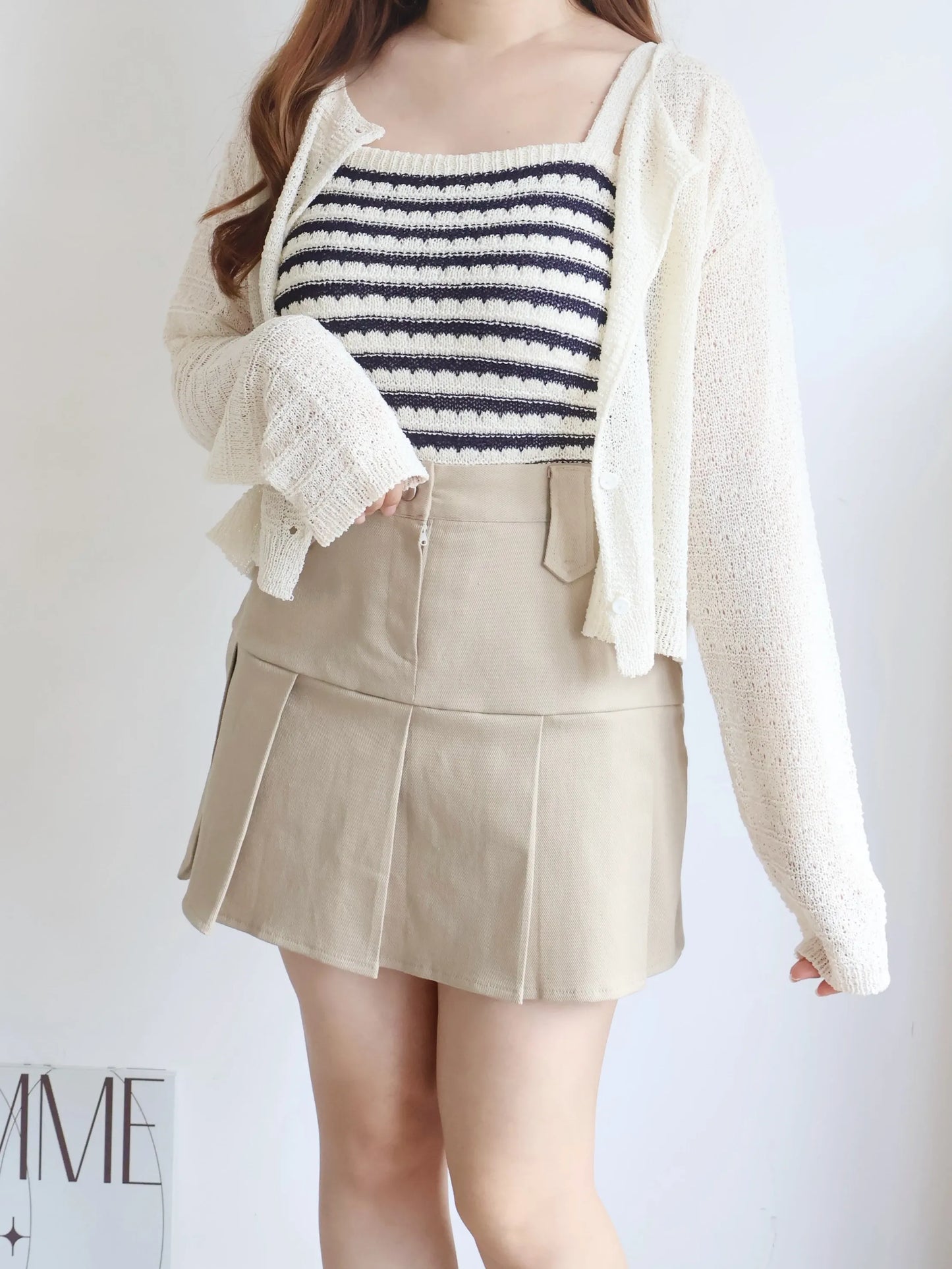 [2-Piece Set] Cozy Weekend Stripe Cami & Knit Set(Beige)