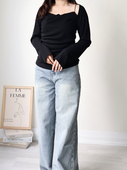 2-Way Draped Neck Strap Off-Shoulder Top(Black)