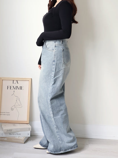[S-2XL · 3 Lengths] Vintage-Wash Wide-Leg Denim Pants(Dusty blue)