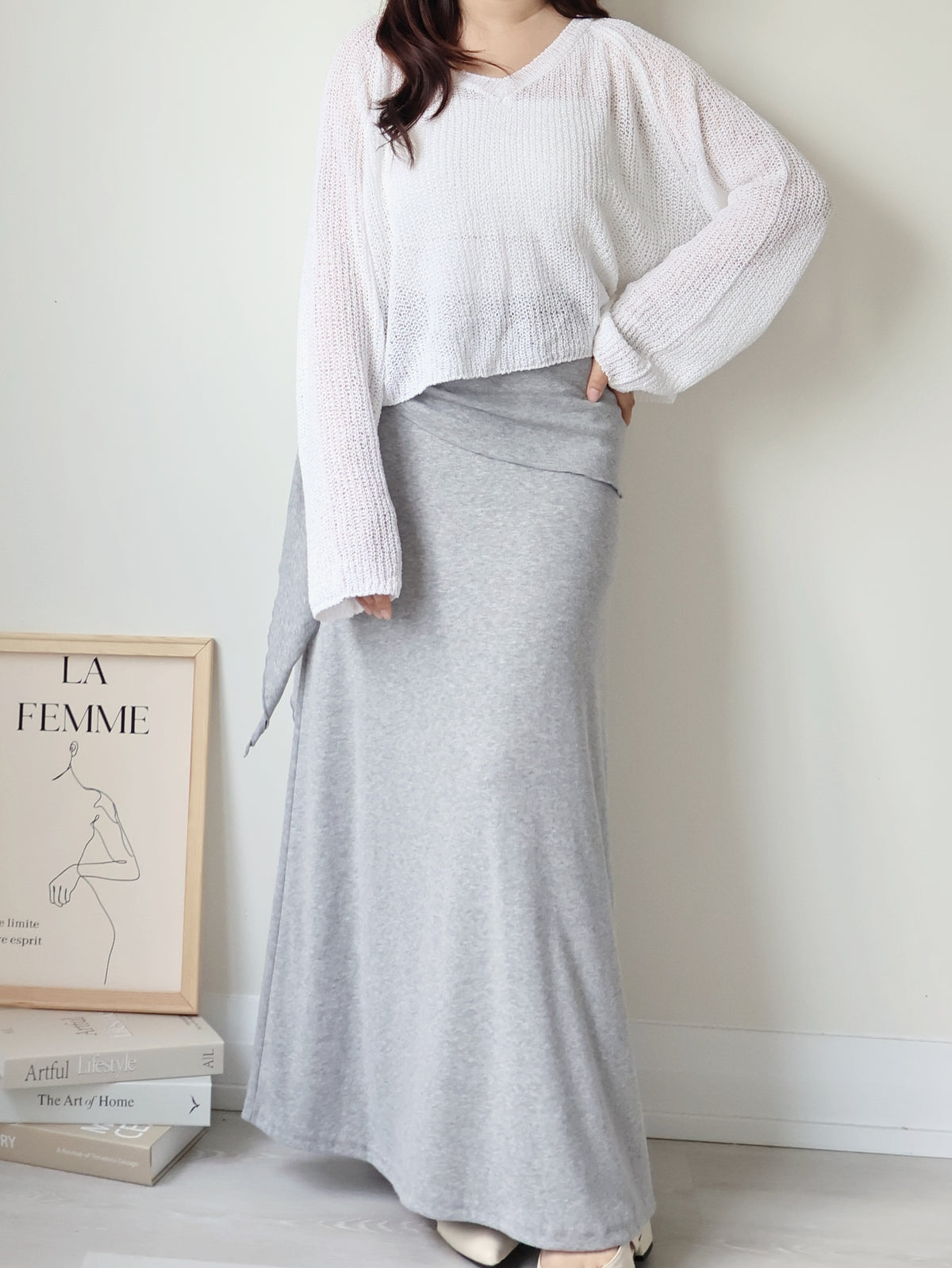 Flattering Tie-Waist Cotton Maxi Skirt(Grey)