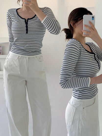 Parisian Striped Henley Knit Top(4 colors)