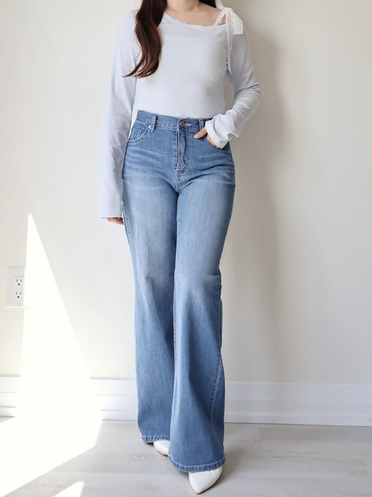 [Half Elastic Waist] Pajama-Soft Lightweight Stretchy Wide-Leg Bootcut Jeans(Dark Blue)