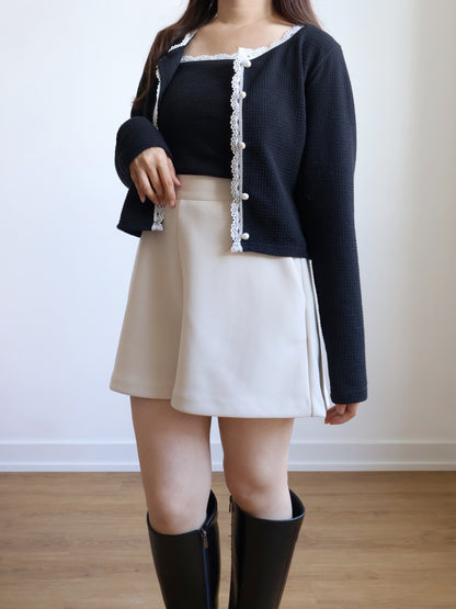 Elegant Pearl Button Lace Trim Two-Piece Set(Black)