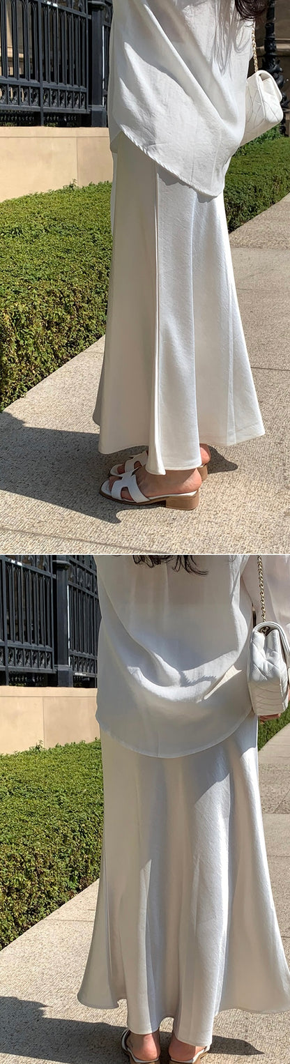 Feminine Silky Satin Banding Flare Maxi Skirt(2 colors)