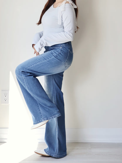 [Half Elastic Waist] Pajama-Soft Lightweight Stretchy Wide-Leg Bootcut Jeans(Dark Blue)