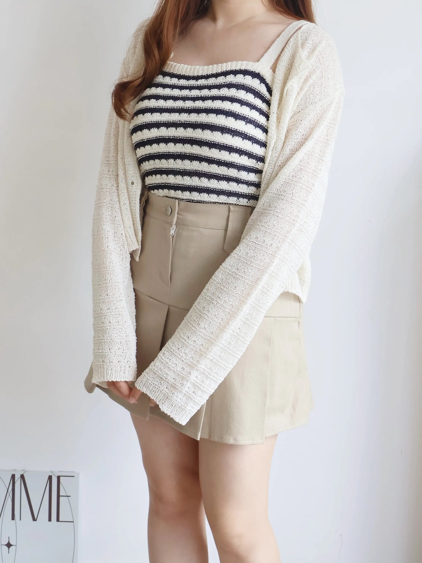 [2-Piece Set] Cozy Weekend Stripe Cami & Knit Set(Beige)