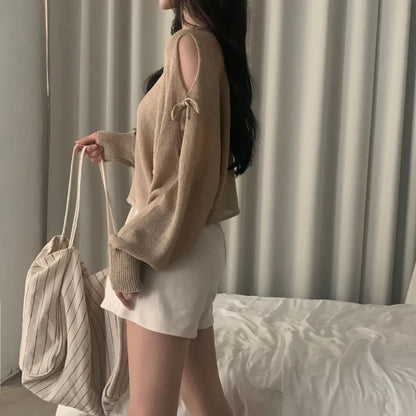 Ribbon Tie Open-Shoulder Knit Top(5 colors)