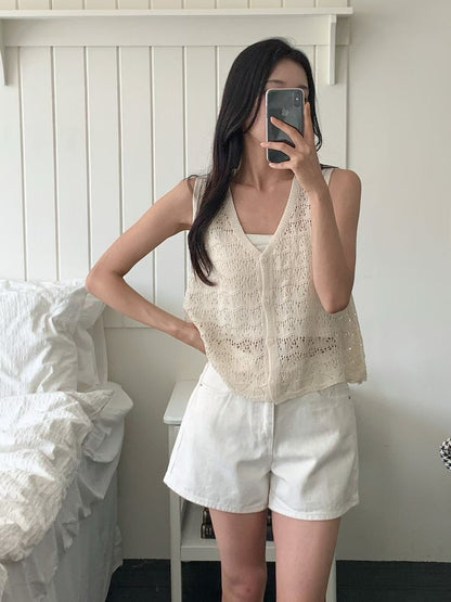 Leaf Hollow Knit Vest Cardigan(4 colors)
