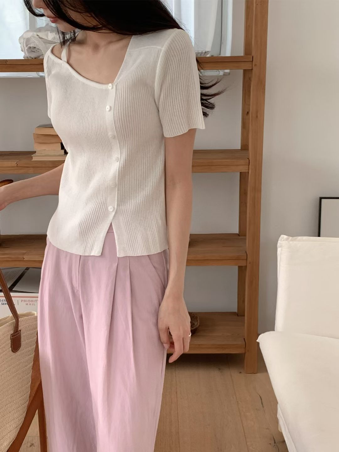 Asymmetric Button-Front One-Shoulder Knit Top(4 Colors)