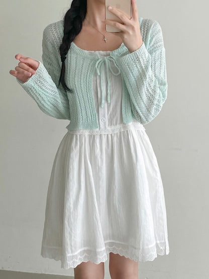 Romantic Ribbon Pointelle Knit Cropped Cardigan(5 colors)