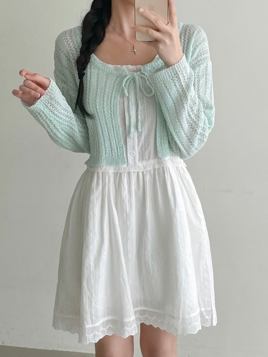 Romantic Ribbon Pointelle Knit Cropped Cardigan(5 colors)