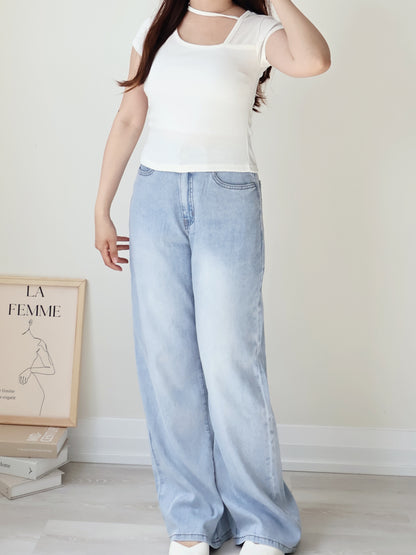 Asymmetric Halter-Tie Stretchy Top(Ivory)