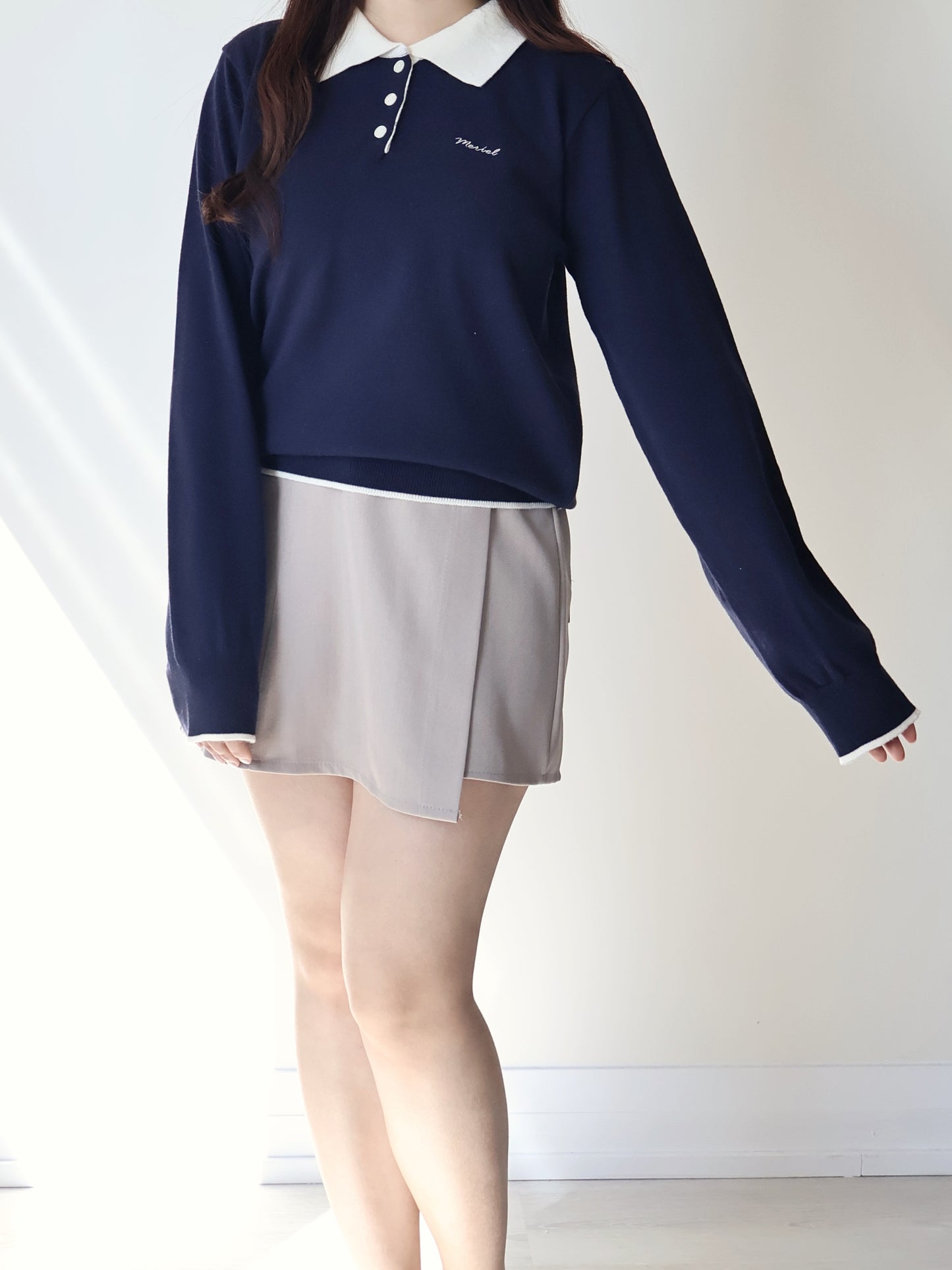 Teddy Collar Colour-Block Embroidered Soft Sweater(Navy)
