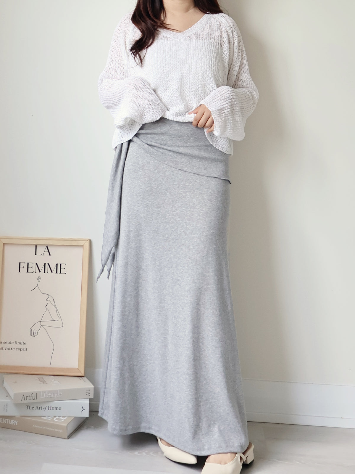 Flattering Tie-Waist Cotton Maxi Skirt(Grey)