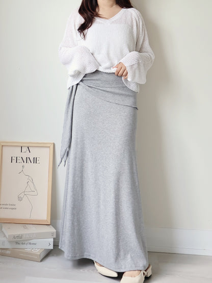 Flattering Tie-Waist Cotton Maxi Skirt(Grey)