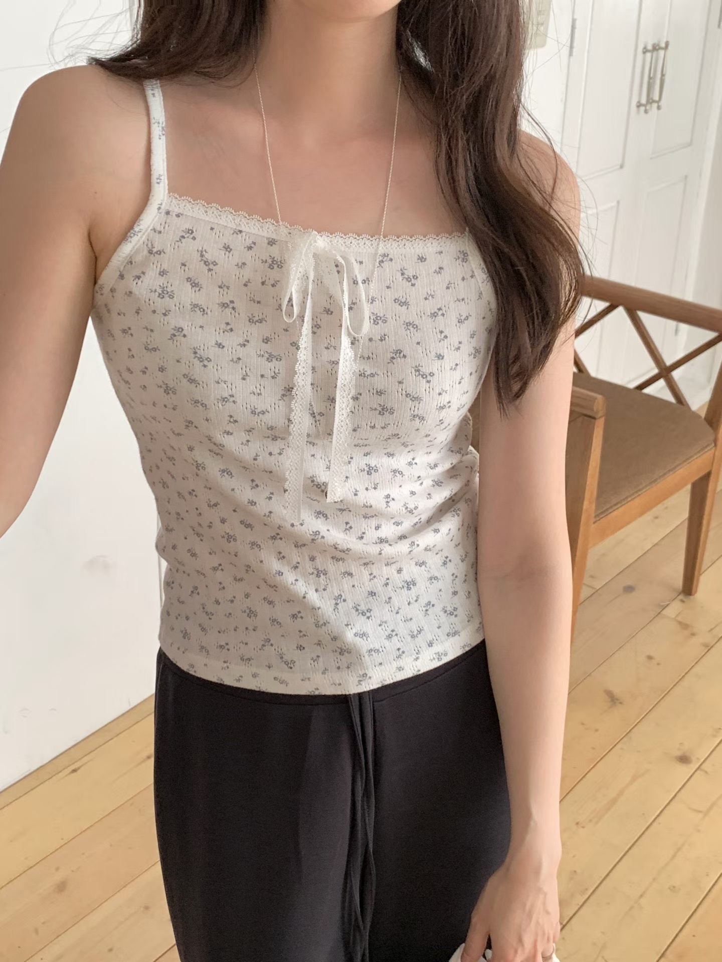 Floral Pointelle Lace Trim Bow Cami Set(2 Colors)