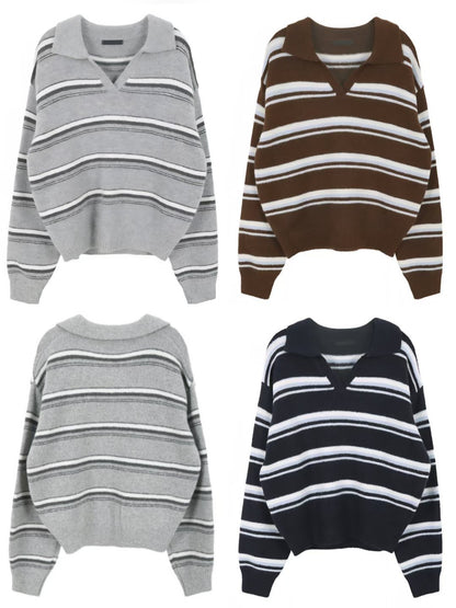 Lapel Striped Sweater(3 colors)