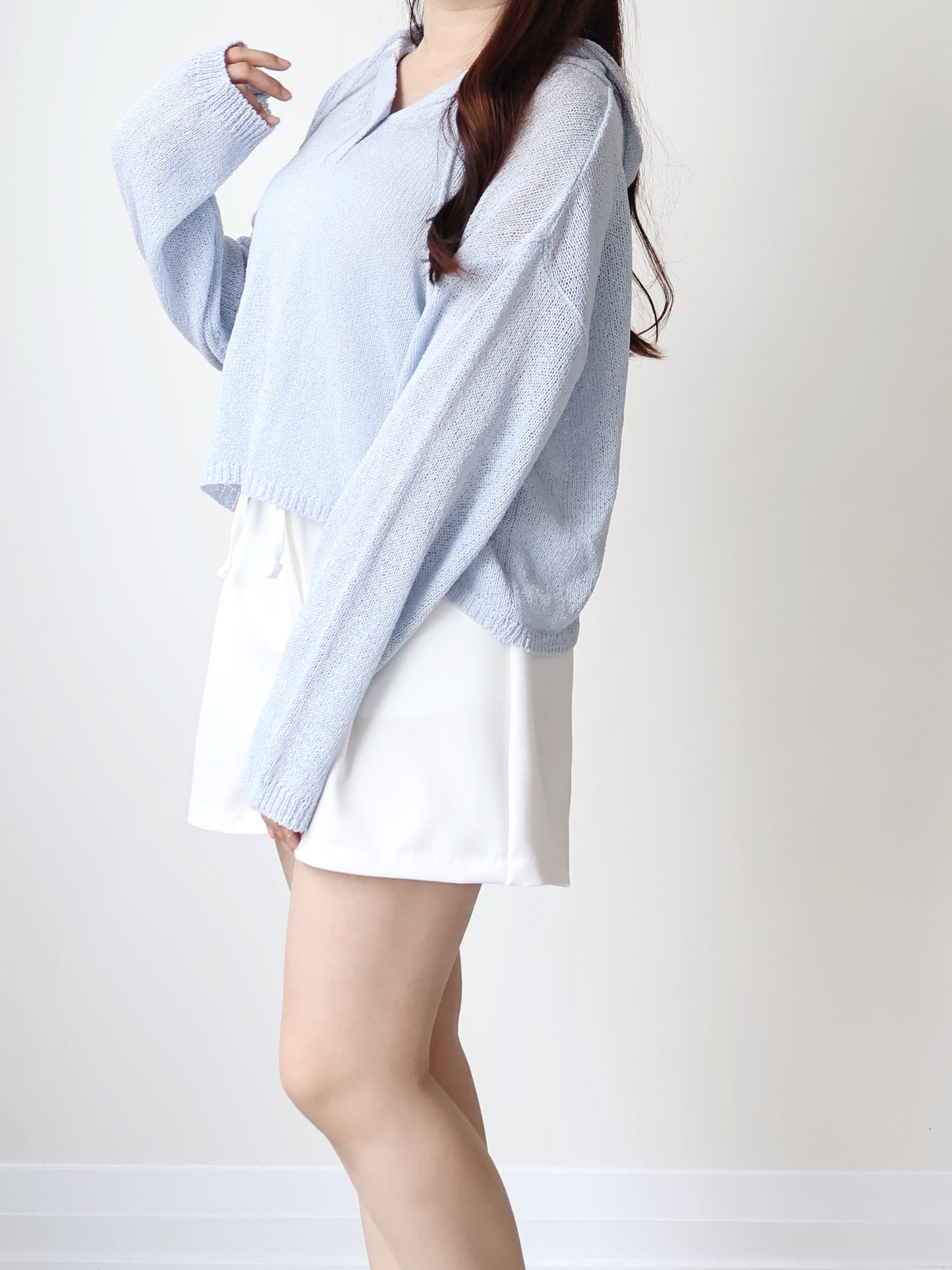 Relaxed 2-Button Hooded UV knit Top(Skyblue)