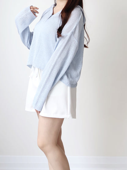 Relaxed 2-Button Hooded UV knit Top(Skyblue)