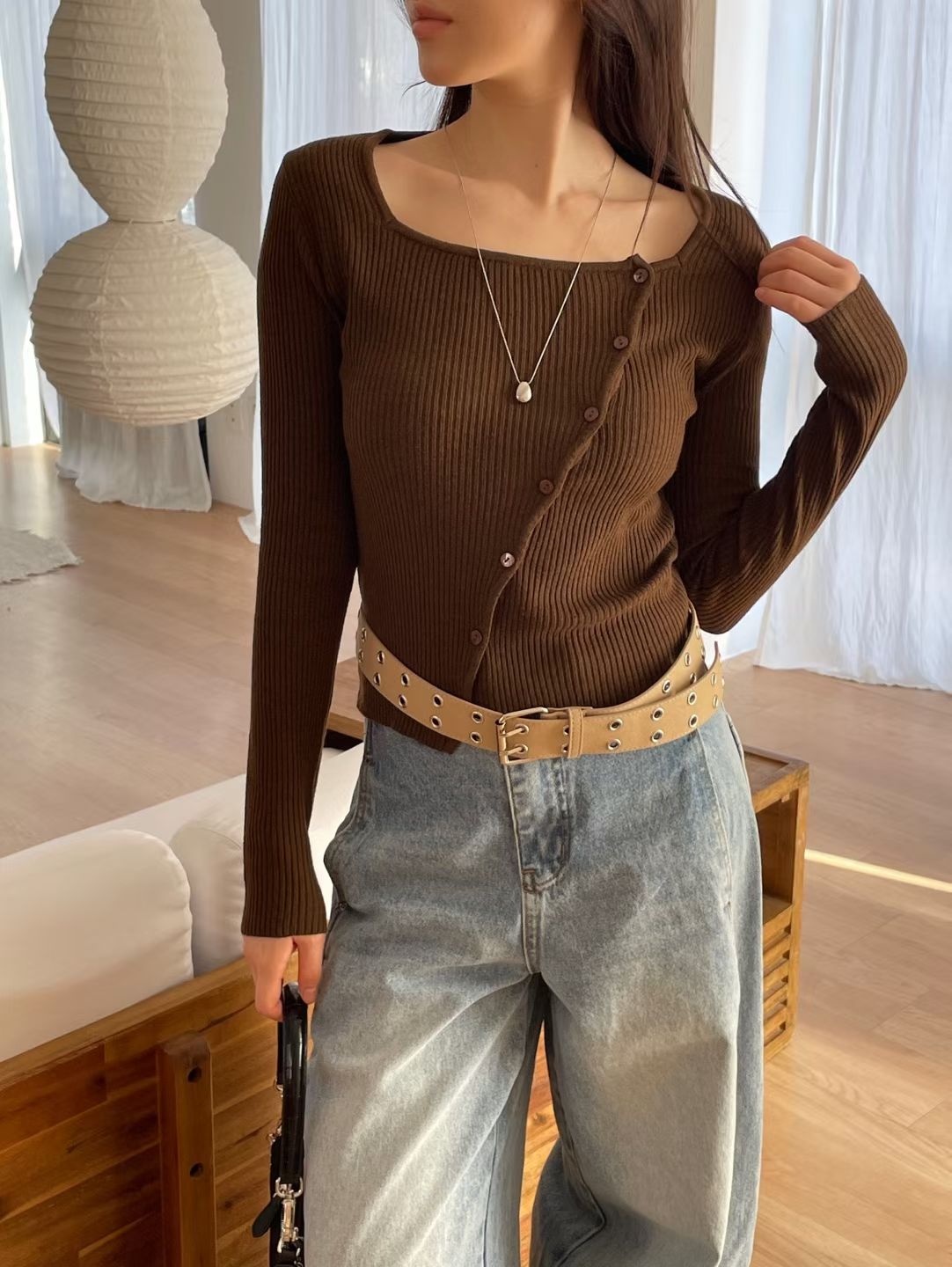 Square Neck Unbalanced Buttons Knit Top(4 colors)