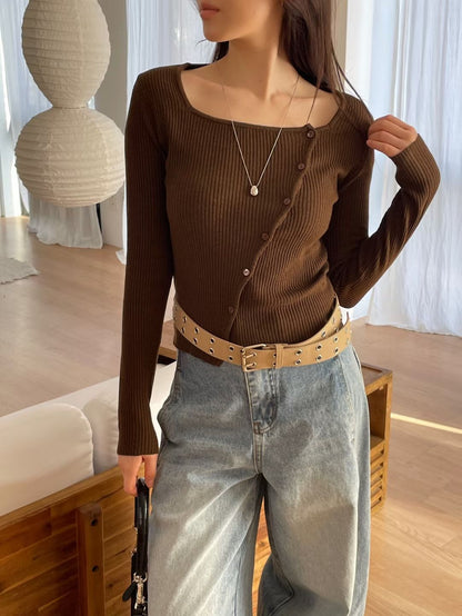 Square Neck Unbalanced Buttons Knit Top(4 colors)