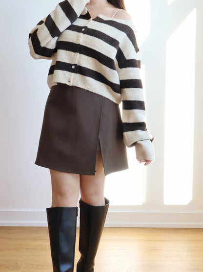 [10% WOOL] Raccoon Striped Cardigan(Coffee)