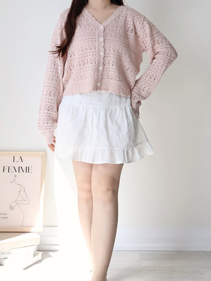Romance V-Neck Eyelet Knit Cardigan(Peach)